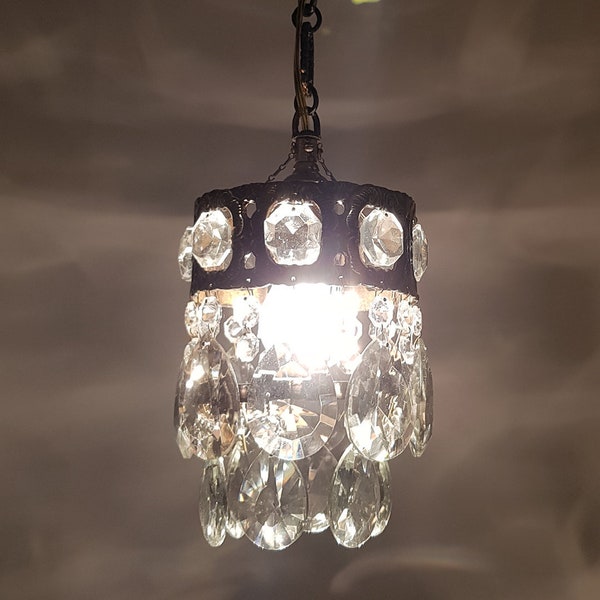 Antique / Vintage French  Brass & Crystals Small  Chandelier Ceiling Light Pendant Lighting Glass Lamp from 1950's
