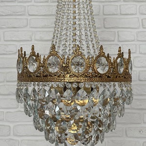 Antique / Vintage Brass & Crystals  French Empire LARGE Chandelier Ceiling Light Pendant Lighting Glass Lamp from 1950's