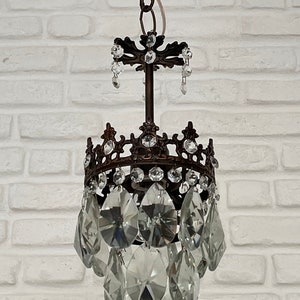 Antique / Vintage Brass & Crystals  Small Chandelier Ceiling Light Pendant Lighting Glass Lamp from 1950's