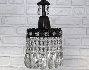 Antique Vintage Brass & Crystals Small Chandelier Ceiling Light Pendant Lighting Glass Lamp from 1950's