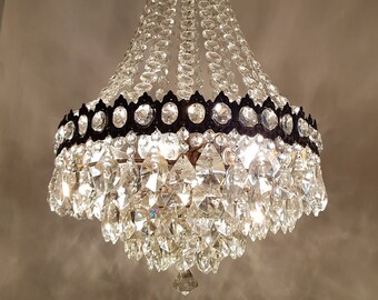 Antique / Vintage French Empire Brass & Crystals GIANT   Chandelier Ceiling Light Pendant Lighting Glass Lamp from 1950's