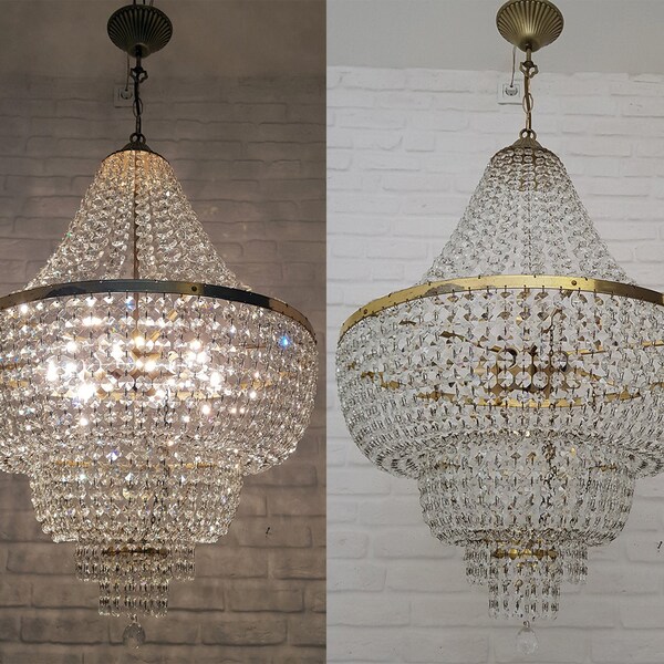 Matching Pair of Antique Vintage Brass & Crystals Giant Empire Chandelier Ceiling Light Lamp 1950's  worldwide FREE EXPRESS SHIPPING !!!
