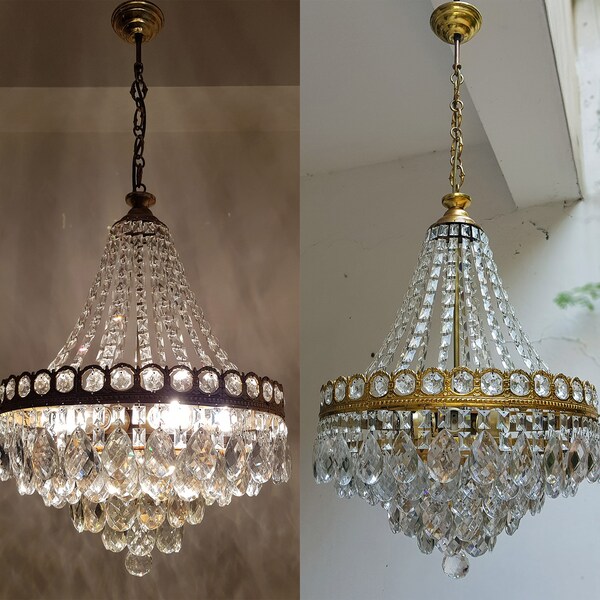 Matching Pair o fAntique / Vintage Brass & Crystals  French GIANT Chandelier Ceiling Light Pendant Lighting Glass Lamp from 1950's