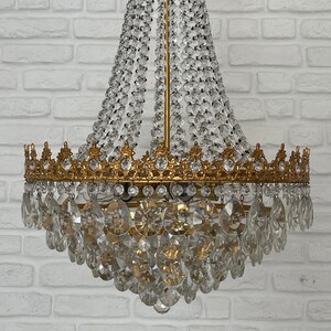 Vintage Brass & Crystals HUGE French  Chandelier Ceiling Light Pendant Lighting Glass Lamp from 1950's