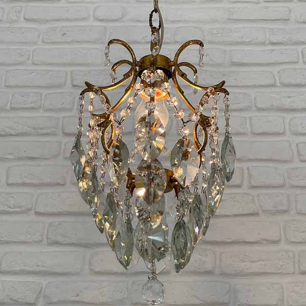 Antique Vintage Brass & Crystals Cage Small Chandelier Ceiling Light Pendant Lighting Glass Lamp from 1950's