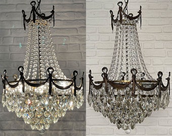 Matching Pair of Antique Vintage Brass & Crystals Empire LARGE  Chandelier Ceiling Light Pendant Lighting Glass Lamp from 1950's