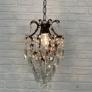 Antique Vintage Brass & Crystals Small Cage GothicChandelier Ceiling Light Pendant Lighting Glass Lamp from 1950's