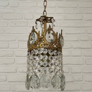 Antique / Vintage Brass & Crystals Small Chandelier Ceiling Light Pendant Lighting Glass Lamp from 1950's