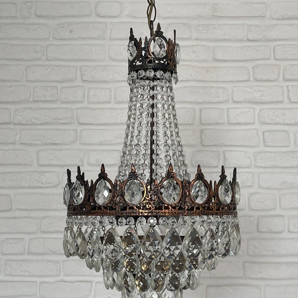 Antique / Vintage Brass & Crystals  French Empire Chandelier Ceiling Light Pendant Lighting Glass Lamp from 1950's