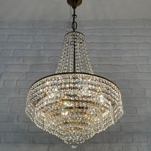 Antique / Vintage Brass & Crystals  French Empire LARGE Chandelier Ceiling Light Pendant Lighting Glass Lamp from 1950's