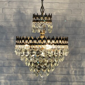Antique / Vintage Brass & Crystals  Chandelier Ceiling Light Pendant Lighting Glass Lamp from 1950's