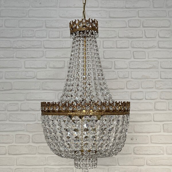 Antique Vintage Brass & Crystals LARGE French Empire Chandelier Ceiling Light Pendant Lighting Glass Lamp from 1950's