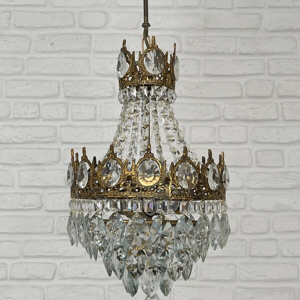 Antique / Vintage Brass & Crystals  French Empire Chandelier Ceiling Light Pendant Lighting Glass Lamp from 1950's