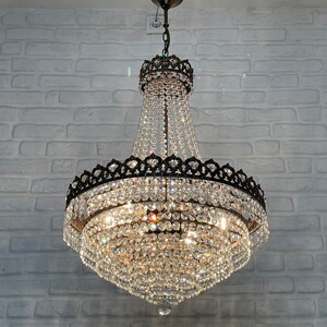 Antique Vintage Brass & Crystals French Empire Large  Chandelier Ceiling Light Pendant Lighting Glass Lamp from 1950's