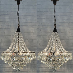 Matching Pair of Antique Vintage Brass & Crystals French Empire LARGE Chandelier Ceiling Light Pendant Lighting Glass Lamp from 1950's