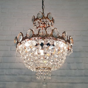 Antique / Vintage Brass & Crystals Beautiful Chandelier Ceiling Light Pendant Lighting Glass Lamp from 1950's