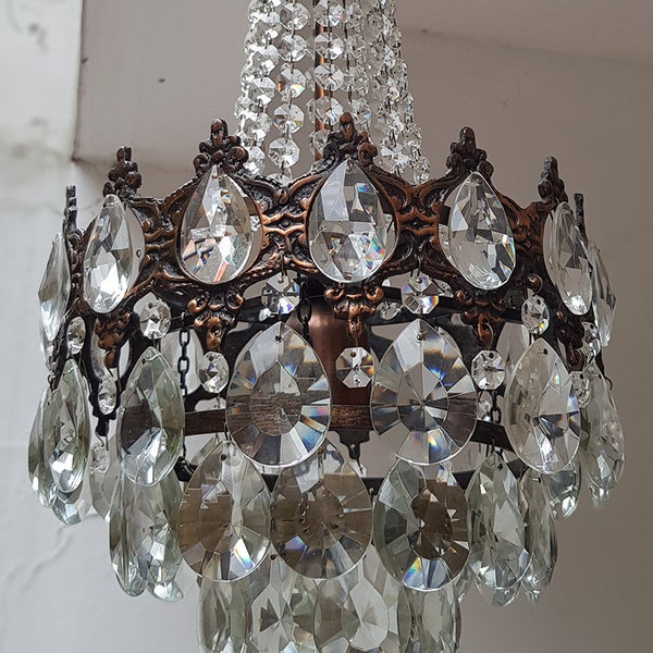 Antique / Vintage Brass & Crystals  French Small Chandelier Ceiling Light Pendant Lighting Glass Lamp from 1950's