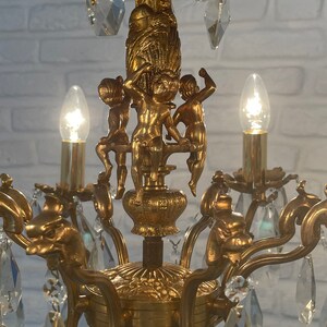 Antique Vintage 8 Arms Cast Brass & Crystals Cherub Chandelier Ceiling Light Pendant Lighting Glass Lamp from 1950's