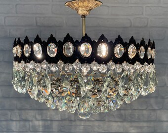 Matching Pair of Vintage Brass Crystals Flush Mount Low Ceiling LARGE Chandelier Ceiling Light Pendant Lighting Glass Lamp from 1950's