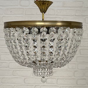 Antique Vintage Brass & Crystals Low Ceiling LARGE Chandelier Ceiling Light Pendant Lighting Glass Lamp from 1950's