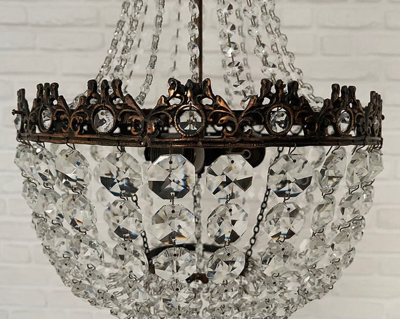 Antique Vintage Brass & Crystals Small Chandelier Ceiling Light