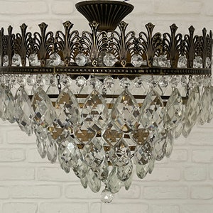 Antique Vintage Brass & Crystals Low Ceiling HUGE Chandelier Ceiling Light Pendant Lighting Glass Lamp from 1950's
