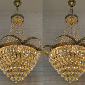 Matching Pair of Antique Vintage Brass & Crystals RARE! LARGE  Chandelier Ceiling Light Pendant Lighting Glass Lamp from 1970's