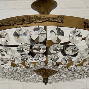 Antique Vintage Brass & Crystals Semi Flush Mount Low Ceiling LARGE  Chandelier Ceiling Light Pendant Lighting Glass Lamp from 1950's