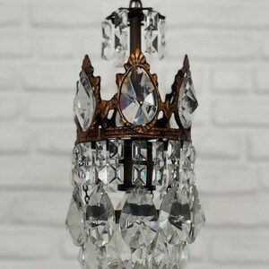 Antique Vintage Brass & Crystals Small Chandelier Ceiling Light Pendant Lighting Glass Lamp from 1950's