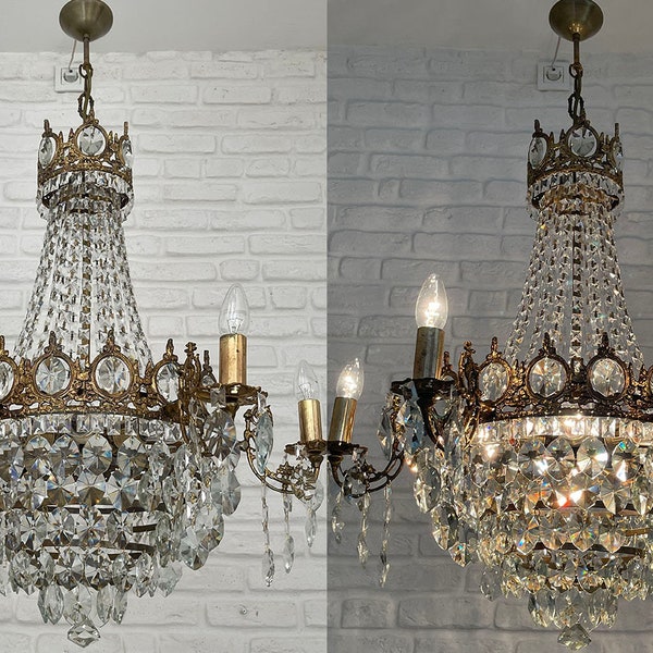 RESERVED Matching Pair of Antique Vintage 6 Arms Brass Crystals French Empire  HUGE Chandelier and Piar Wall Soconces Ceiling Light 1940's