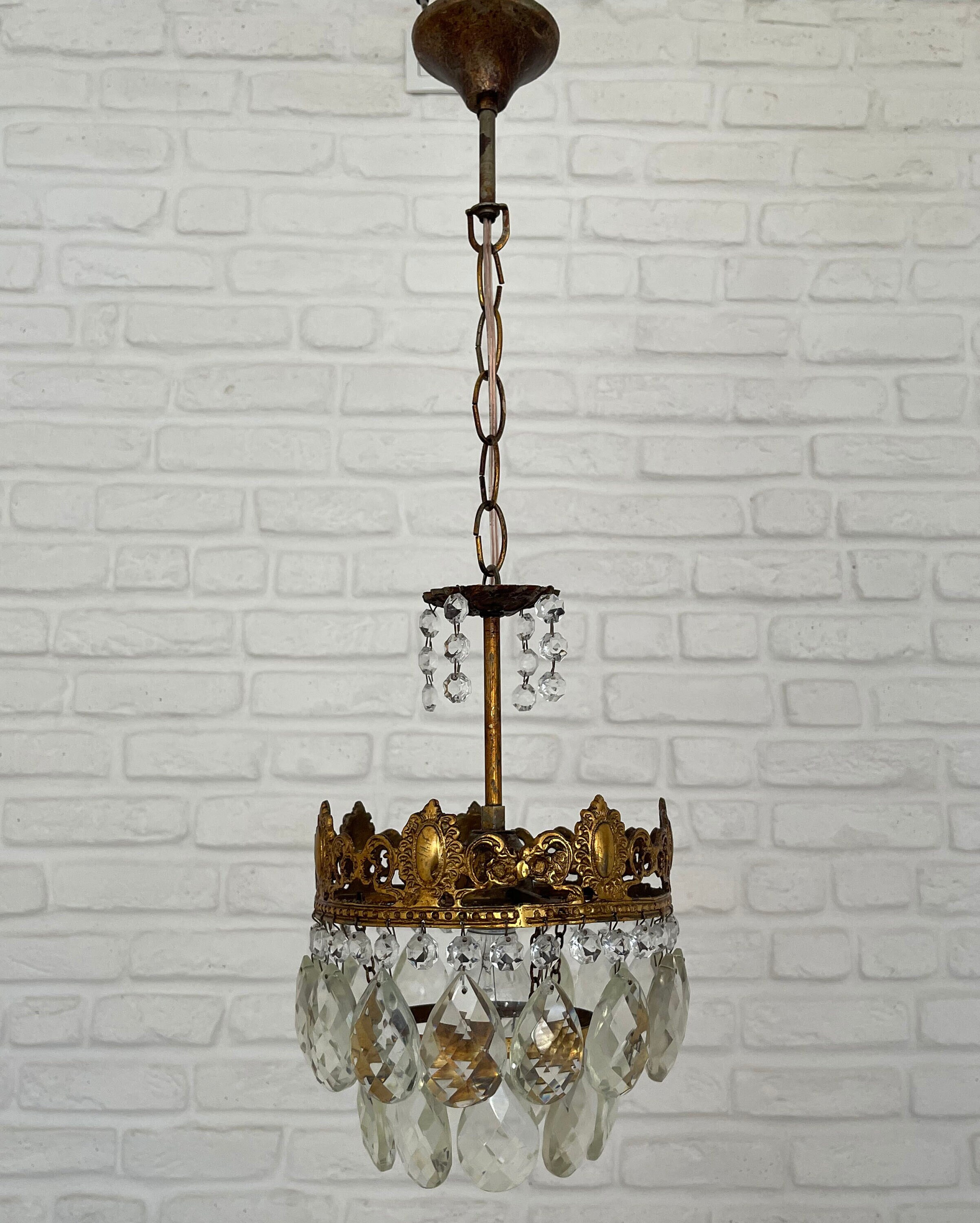 Antique / Vintage Brass & Crystals Small Chandelier Ceiling Light Pendant  Lighting Glass Lamp from 1950's
