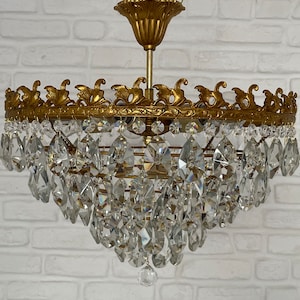 Antique Vintage Brass & Crystals Low Ceiling LARGE Chandelier Ceiling Light Pendant Lighting Glass Lamp from 1970's