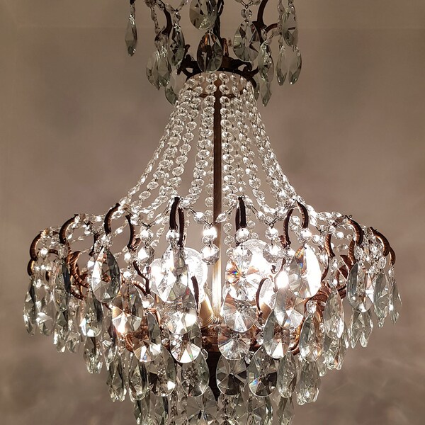 Antique / Vintage Spider Style Cast  Brass & Crystals  Chandelier Ceiling Light Pendant Lighting Glass Lamp from 1950's
