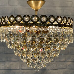 Antique Vintage Brass & Crystals Flush Mount Chandelier Ceiling Light Pendant Lighting Glass Lamp from 1950's