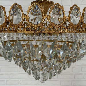 Antique Vintage Brass & Crystals Semi Flush Mount LARGE Low Ceiling Chandelier Ceiling Light Pendant Lighting Glass Lamp from 1950's