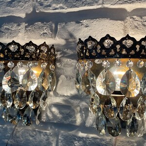 Matching Pair of Antique Vintage Brass & Crystals Wall Sconces Chandelier Light Pendant Lighting Glass Lamp from 1960's