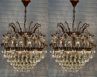 Matching Pair of Antique Vintage Brass & Crystals Crown Chandelier Ceiling Light Pendant Lighting Glass Lamp from 1950's