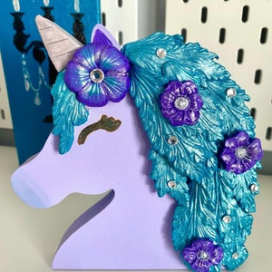Custom Wood Purple & Teal Turqoise Unicorn for Desktop Decor