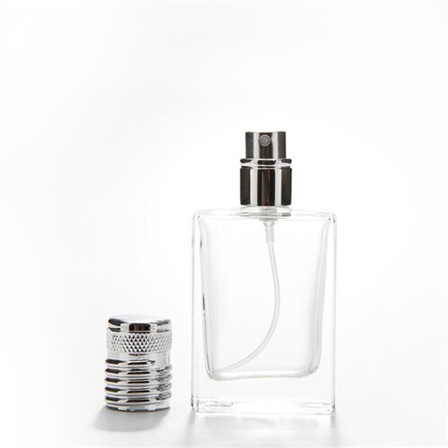 30ml Clear Glass Bottle Rectangular - Silver Grip Knurl Effect - Fine Mist Atomiser Spray