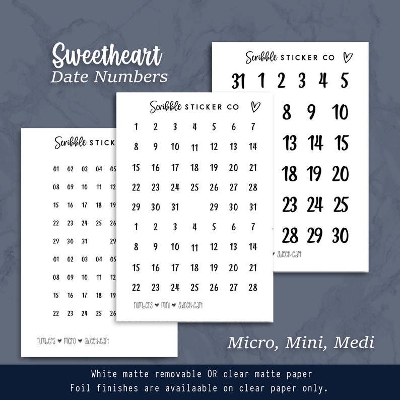 SWEETHEART NUMBER Stickers Micro, Mini, Medi Minimal Paper Planner Stickers image 1