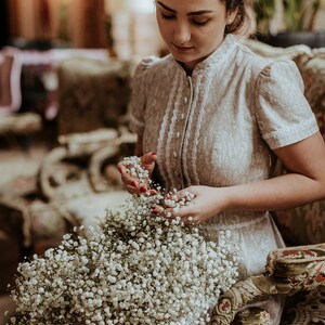 STELLA twigs on beige, cotton dress with lace,dress with a stand-up collar, short sleeves, retro dress, inspired by the fashion of the 40s. zdjęcie 6