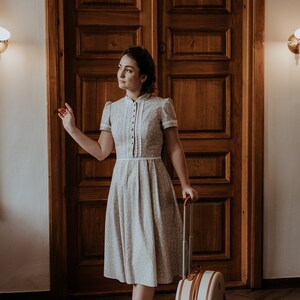 STELLA twigs on beige, cotton dress with lace,dress with a stand-up collar, short sleeves, retro dress, inspired by the fashion of the 40s. zdjęcie 5