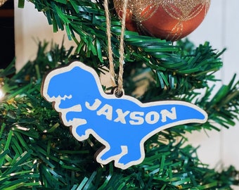 Personalised Dinosaur Christmas Ornament: Bright Wooden Kids Bauble
