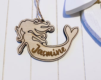 Girls Mermaid Personalised tree Decoration | Childrens Christmas Decoration | Fun Kids Tree Decs | Wooden Etched Name Decoration | Festive