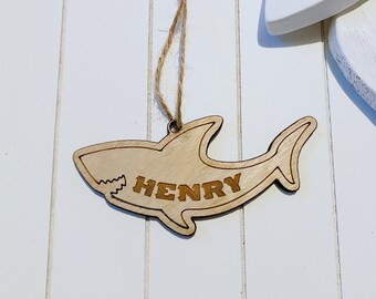 Shark Tree Decoration | Boys Shark Personalised Decoration | Wooden Etched Name Decoration | Kids Tree Christmas Bauble