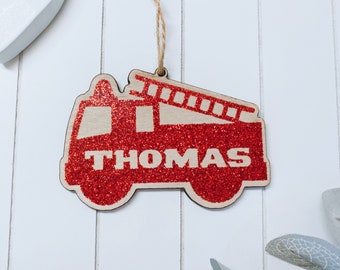 Fire Engine Tree Decoration | Boys Personalised Decoration | Wooden Bright Name Bauble | Kids Tree Christmas Gift