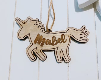 Unicorn Girls Personalised Tree Decoration | Childrens Christmas Bauble |  Fun Kids Tree Decs | Wooden Etched Name Decoration Festive