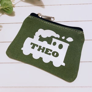 Monedero infantil personalizado con diseño de tren, para niños, con bolsillo para el almuerzo, monedero con cremallera, regalo de cumpleaños para niños, para la vuelta al cole.