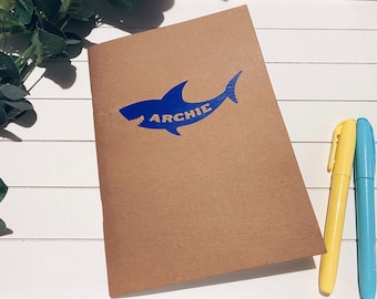 Children’s A5 Sketchbook | Personalised Notepad | School Stationary | Children's Name Gift | Plain Kraft Notebook | Shark Dinosaur Digger