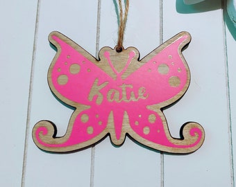 Butterfly Personalised Tree Decoration | Girls Childrens butterfly Decoration | Kids Tree Decs | Wooden Bright Name Decoration